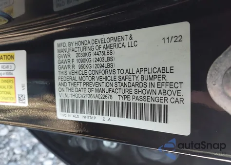 2022 Honda Accord Sport 2.0T from USA, damaged, VIN 1HGCV2F36NA022678
